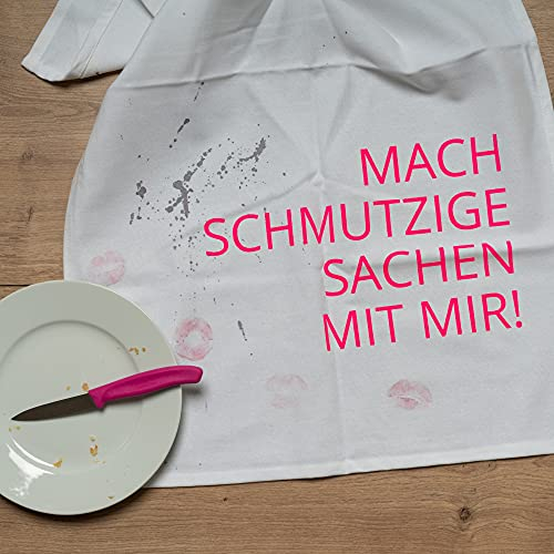 Geschirrtuch weiss, MACH SCHMUTZIGE SACHEN MIT MIR, neon pink