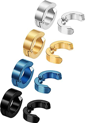 Mudder 8 Pieces Clip on Earrings for Men Magnetic Hoop Earrings Non-Piercing Earrings Fake Ear Clip Studs for Men Women, Stainless Steel Clip Earrings, 4 Colors