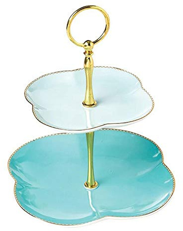 YBK Tech Plateau de service en porcelaine anglaise à 2 étages - Motif trèfle - Bleu
