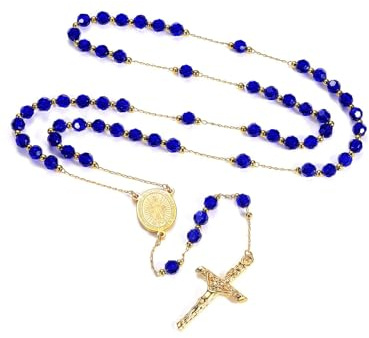 FaithHeart Medalla Santa María Collar Rosario Hombre Mujer Cuentas Azules Acero Inoxidable 316L Collar Largo 66cm Colgante Crucifijo Jesucristo Padre Hijo
