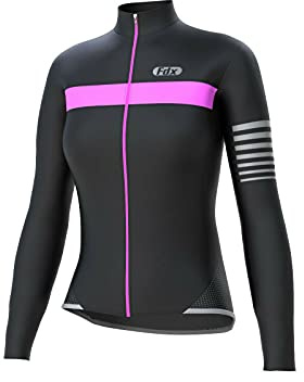 FDX Women’s Thermal Cycling Jersey Long Sleeve Winter MTB Bike Jacket Windproof Water Resistant Roubaix Fleece Cycling Top with Thumb Holes, Reflective Details & 3 Back Pockets (Black/Pink, Medium)