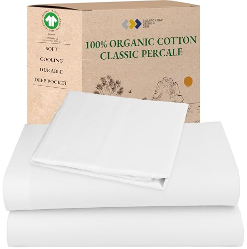 California Design Den Twin Sheets Set - Soft 100% Organic Cotton Sheets with Deep Pockets, Crisp Percale, Breathable and Durable Bedding Set - White