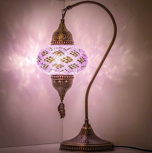 DEMMEX Lampe Turque Mosaïque – Faite à la Main en Turquie – Lampe de Table ou de Chevet Artisanale en Verre et Métal Martelé – Ambiance Orientale, Cadeau Décoratif Unique, 38 cm, Rose