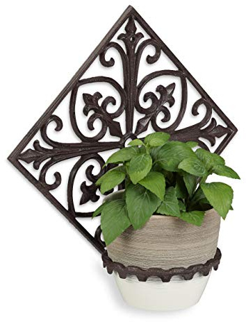 Relaxdays Blumenhalter Wand, Gusseisen, antik, Wandblumentopfhalter Garten, Ø 13 cm, dekorativ verziert, Dunkelbraun | Wandblumentopfhalter Garten, Ø 13 cm, dekorativ verziert