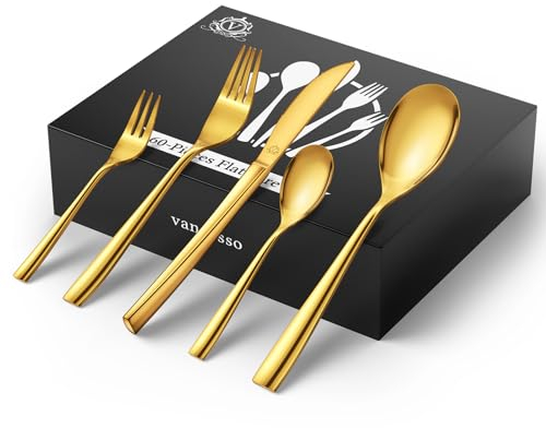 vancasso Goldenes Besteck Set 12 Personen Modern, 60-Teiliges Essbesteck Messer/Gabel/Löffel/Dessertgabel/Kaffeelöffel,18/10 Edelstahl Besteckset Poliert, Weihnachtsgeschenke Neujahrs, Quadrat