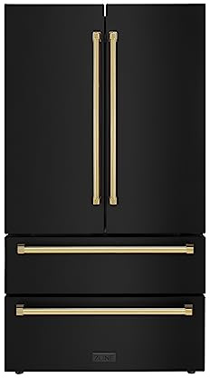 ZLINE Autograph Edition 36 in. 22.5 cu. ft. Counter-Depth French Door Refrigerator with Ice Maker in Fingerprint-Resistant Black Stainless Steel with Polished Gold Traditional Handles (RFMZ-36-BS-G)