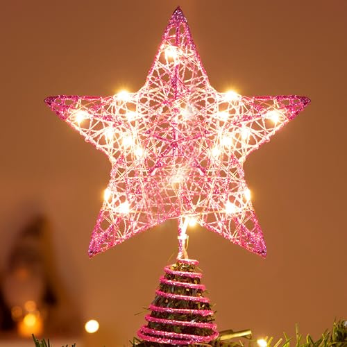 Joiedomi Weihnachtsbaumspitze, batteriebetrieben, glitzernd, rosa Stern, beleuchtet mit 20 warmweißen LED-Lichtern für Weihnachtsbaumdekorationen, Urlaubsparty, Innendekoration
