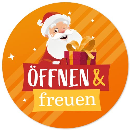 48 Geschenkaufkleber Weihnachten - ÖFFNEN UND FREUEN Santa - Weihnachtsaufkleber Aufkleber für Geschenke Etiketten rund 4cm