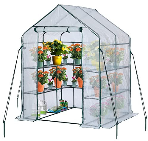 EPROSMIN Walk In Greenhouse With 10 Shelves, Reinforced PE Plastic Cover With Sturdy Steel Frame, Greenhouse/Plant Nursery for Gardens, Patios or Spaces Size, Easy to Assemble, 143x143x195cm