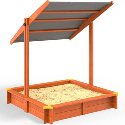 Spielwerk® Sandkasten Sami Sonnendach 120x120cm imprägniertes Holz Füllstand Skala UV 50+ Kantenschutz Bodenvlies Sandspielzeug Kinder Sandbox Sandkiste