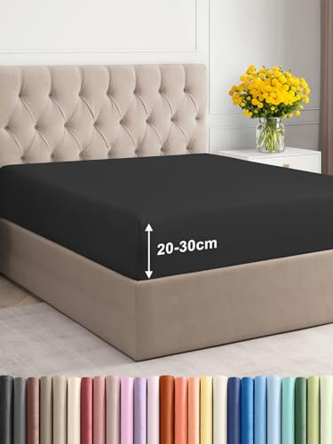 Spannbettlaken 140x200cm Schwarz - Extra Tiefes Spannbetttuch für Matratzen & Boxspringbett bis 30cm (12) Höhe - Mikrofaser - Weiche Gebürstete - Knitterfrei, Schrumpf- & Farbbeständig - Oeko-TEX