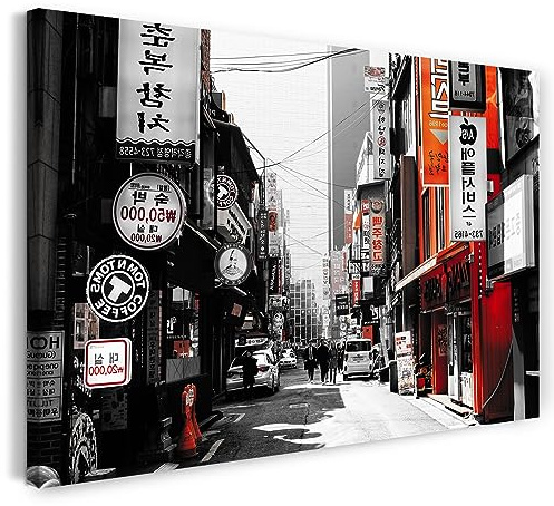 Printistico Leinwandbild (60x40cm) Rote Akzente in Japan, Schwarz Weiß, Black and White, Fotografie, Dekoration für Zuhause, Wandbild klein bis XXL, echter Holz-Keilrahmen inkl. Aufhänger