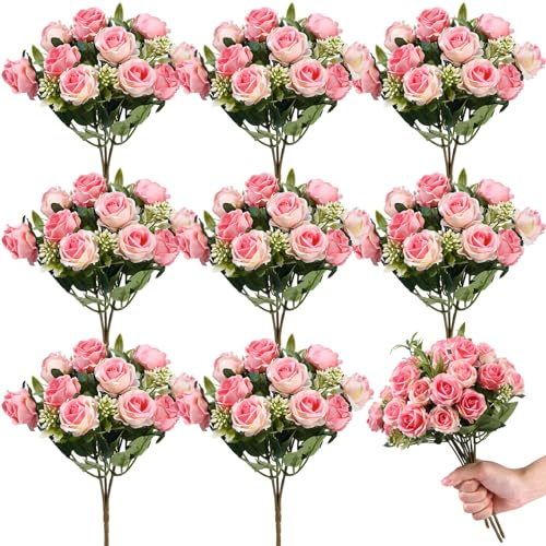 Zeyune 8 Pack 12 Inch Wedding Bouquets for Bride Bridesmaid Red Artificial Rose Bouquet Fake Silk Roses Flowers Bunches Bulk for Home Office Garden Parties(Pink)