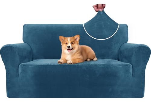 CYCMACO Samt Sofa Überzug 2 Sitzer, Sofabezug Elastische, Couch Überzug Haustier Katze Hunde, Universal Sofa Cover Moderne, Sofahusse Mit Armlehnen, Sofaschoner rutschfest, Pfau Blau