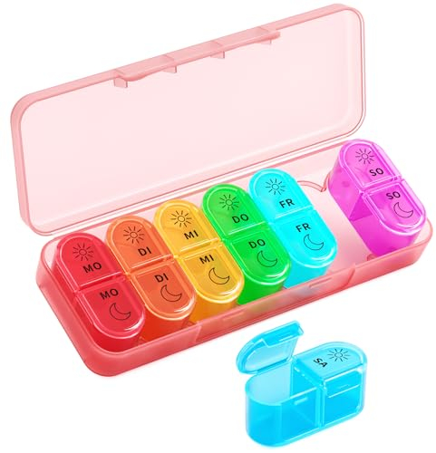 Betife Tablettenbox 7 Tage Morgens Abends, Pillendose Woche 2 Fächer Groß, Medikamentenbox 7 Tage mit Pillenbox Klein für Unterwegs, Tabletten Organizer 14 Tage Tragbare Tablettendose (Rosa)