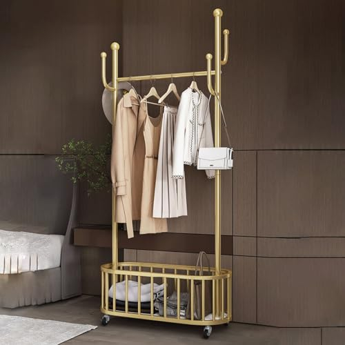 ToeWoe Goldener Kleiderständer mit Rädern Freistehende Trolley-Garderobe mit Stange und Korb Hochbelastbar Moderner Garderobenständer für Hängende Kleidung 66.9 * 31.5 * 12.6in