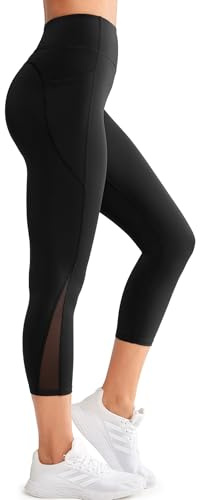 Yvette Damen 3/4 Sport Leggings mit Tasche Mesh Blickdicht high Waist Sporthose Gym Leggins, Schwarz, M