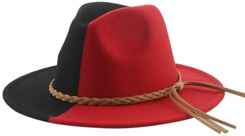 SOYNIA Fedora Trilby Filzhut Hut Fedora-Hüte Für Damen Patchwork Rot Grün Band Lässig Gefilzt Herren-Kappen Damenhut 56–58 cm (Erwachsene) Schwarzrot