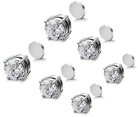 LICHUANUK Juego de pendientes magnéticos de acero inoxidable para hombre y mujer, unisex, 5/6/7 mm, plata