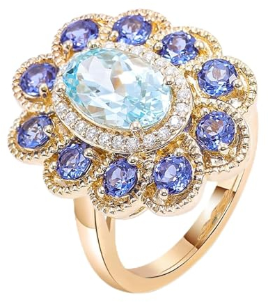Wycian Damenring Hochzeit, Verlobungsring Aquamarin 18K Gelbgold Blume Größe 58 (18.5) 3 Aquamarin 3Ct Ovalschliff Hellblau Mit Moissanit Dunkelblau Gravur
