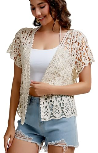 SMDPPWDBB kortärmad spetsjacka för kvinnor Bolero cardigan virkad genomskinlig magjacka, BEIgE, M
