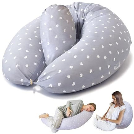 simpa Pregnancy Pillow with Grey Heart Design Cover - Suitable for Breastfeeding, Back Support, Sleep Support, Body Pillow. 100% Polyster Filling Material.
