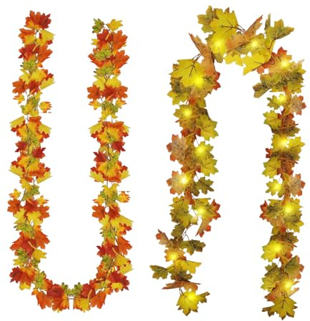 Elepl 2 Stück Blätter Girlande 175cm/Stück Künstliche Ahornblätter Girlande Herbst Blättergirlande Thanksgiving Deko für Innen und Außenbereich Party mit 4pcs Transparente Klebehaken