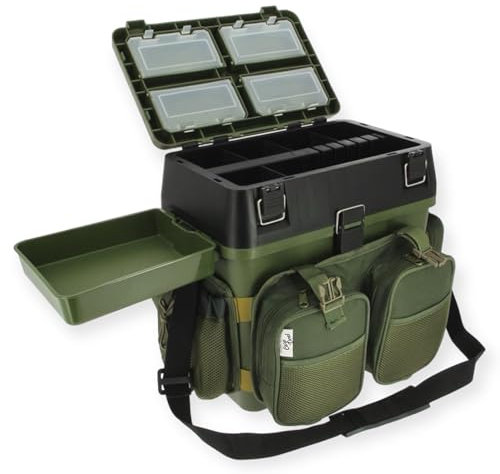 CarpDeal Sitzkiepe - Angel Koffer - Angel Rucksack 3 in 1 Inklusive 4 Tackle-Boxen für Angelzubehör im Deckel mit gepolsterter Sitzfläche und Trageriemen inkl. Ablagefach Angelstuhl Set