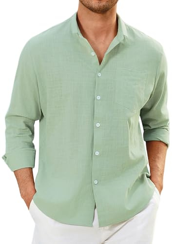 Enlision Salbeigrüne Leinenhemd Herren Hemd Langarm Grün Baumwolle Leichtes Freizeithemd Sommerhemd Regular Fit Locker Henley Shirt Hemden Sommer 2XL