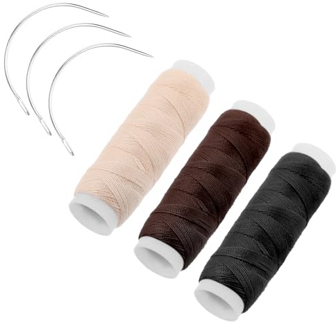Set di 3 rotoli di filo per tessitura dei capelli, fili da cucito e aghi, per extension per capelli, filo nero con 3 aghi curvi o per cucire a mano, per realizzare parrucche e tessere per capelli fai