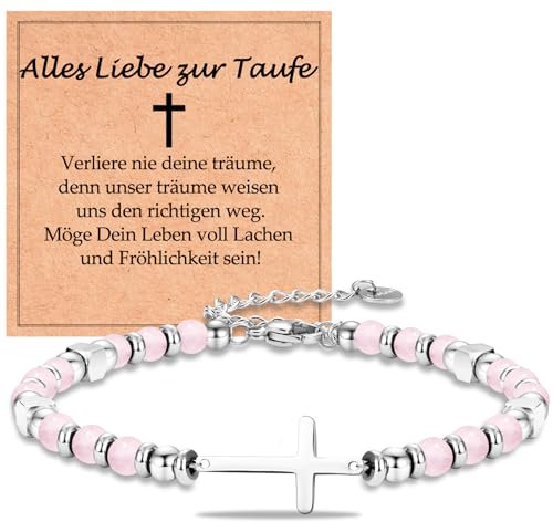 WOVEE Kreuz Armband Rosa Kristall Pink Christliche Cross Kreuz Taufe 18cm Taufgeschenke Kommunion Geschenke für Mädchen Enkelin Tochter