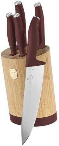 Berlinger Haus Leonardo Collection Lot de 6 couteaux en acier trempé 3cr13 avec support en bambou Bordeaux mat