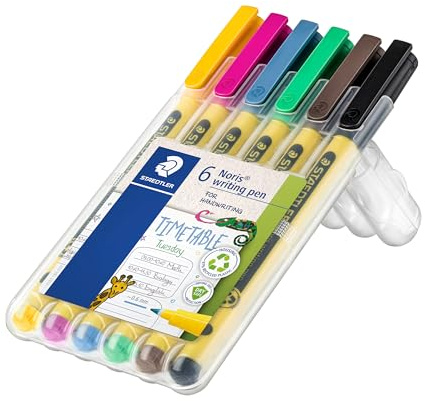 STAEDTLER Noris Writing Pen, 6ct, Fineliner 0.6mm Tip, Assorted Colors, Water-based Ink, Dry Safe, For school or office note taking, hand writing, drawing, coloring, journaling, and scrapbooking