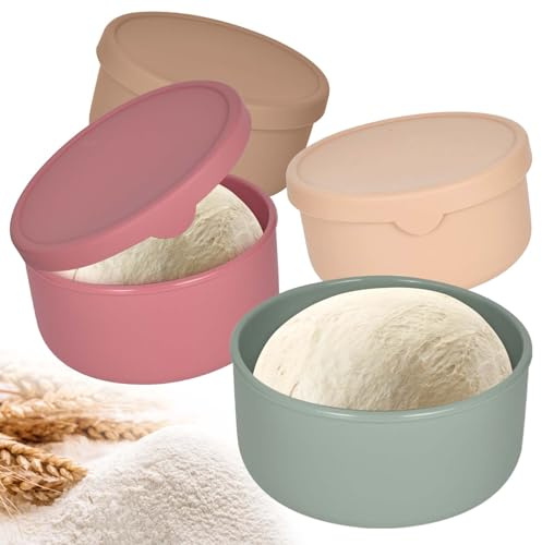 Dokeno 4Pcs Contenitori in Silicone con Coperchio per Lievitazione Pizza e Pane, Fermentazione dell'impasto della Pizza, Cassetta Impasto per Frigo Freeze Microonde, 14,5x14,5x7cm, Capacita 700ML