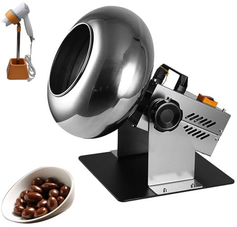 Automatic Sugar Ball Panning Machine, Sugar Coater Tilt Angle Adjustable, 1-3 Kg/Time Chocolate Coating Polishing Machine, 58RPM Commercial Snack Coater with Blower & Stand