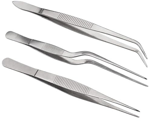 Kitchen Cooking Tweezers Culinary,3 Piece Set Stainless Steel Tweezer Precision Tongs Offset Tip for Cooking Food Design Styling