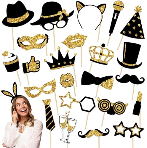 24 Stück Foto Requisiten, Gold Glitzer Party Foto Booth Props mit Hüte Kronen Lippenstift usw, Fotobox Accessoires für Geburtstag, Hochzeit, Weihnachten, Halloween, Karneval, Tischdeko