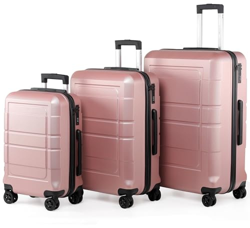 TANTOMI Kofferset 3 Teilig Hartschale – Kofferset 20/24/28 Zoll, Reisekoffer Set mit 4 Rollen und 3 Stelige-Zahlenschloss (Gepäck-Sets–M-L-XL, Rosa Gold)