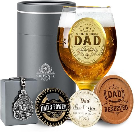 CROWNLY CRYSTAL® Personalized Beer Glass Birthday Gift for Dad from Daughter or Son, 14 oz Crystal Beer Glass with Engraving, Gift Box Included