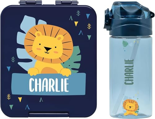Stellasticker - Set con borraccia personalizzabile per bambini e porta pranzo/merenda personalizzato per bambini in plastica - Borraccia con cannuccia capacità 450 ml - Senza BPA (Blu scuro)
