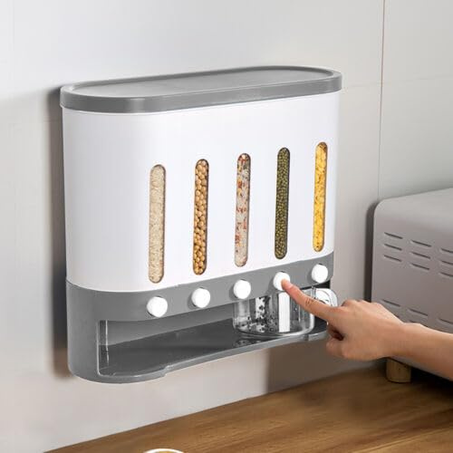 Dispensador de Cereales de Pared con 5 tarros de Almacenamiento de Rejilla, Caja de plástico para Alimentos Secos.