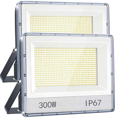 ANNIFUNLY Proyector LED exterior 300 W 30000 lúmenes Potente foco LED exterior 6500 K blanco frío, IP67 impermeable proyector exterior LED para jardín garaje patio patio taller, 2 piezas