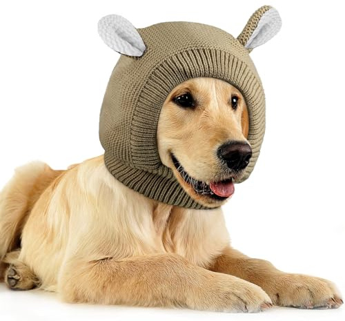 Dog Ear Covers Noise Protection Medium Dogs Knitted Hood, Dark Khaki | 14.96 Neck for Medium Breeds, Fireworks Thunder Anxiety Relief, Fleece Lined Warm Beanie, Sound Dampening Grooming Hood