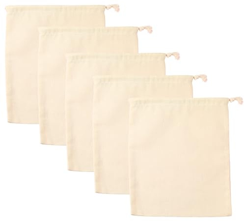 Hell Blues Organic 100% Cotton Produce Bags - Large 25x30 cm (5 Pcs) Reusable Muslin Storage Bags with Drawstrings – Biodegradable Canvas Fabric - Perfect for Snacks, Clothes