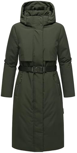 Navahoo Damen Wintermantel warmer, wasserabweisender Parka mit (abnehmbarer) Kapuze und Taillengürtel Waldbummler 14 Dark Olive Gr. 3XL