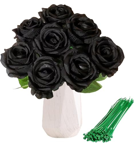 ZenyTra 5 Stück Schwarze Rosen Künstlich mit 10 Bindebändern - 50cm Langstielige Samt Kunstblumen in Dunkelschwarz, Realistische Fake Rosen für Gothic Party, Hochzeitsdeko, Home Decor