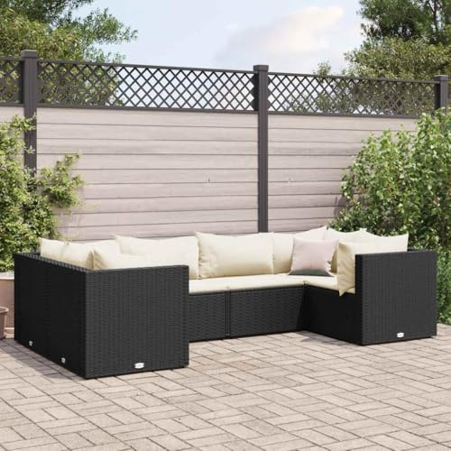 QJBSAVVA Set di 6 sedie da giardino in rattan sintetico, 63 x 63 x 57,5 cm, con cuscino crema, gruppo di seduta modulare, robusto telaio in acciaio e stabilità ai raggi UV per balcone, terrazza