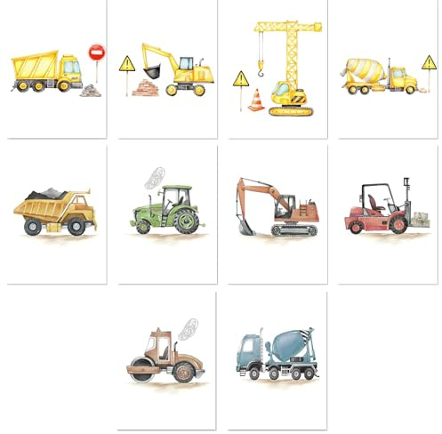 Bofanze 10 Stück Bagger Bild Kinderzimmer Poster Junge Fahrzeug Poster | 20 * 25cm,Viele Muster, Raumdekoration,für Schlafzimmer, Arbeitszimmer und Wohnzimmer