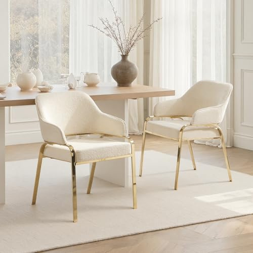 DAYALANE Esszimmerstühle 2er Set, Küchenstuhl Modern, Weiß | Polsterstuhl mit goldfarbene Metallbeine & Armlehne, Wohnzimmerstuhl Akzentstühle für Wohnzimmer Küche