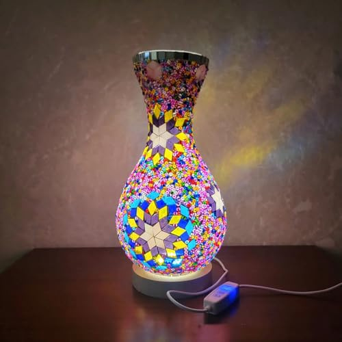 YUDIZWS Mosaic Vase Lamp Turkish Moroccan Table LampColorful Handmade Glass Vase with Wood Base for Flowers USB Charge Decor Light for Bedroom Ambient Living Room Farmhouse,Metallic